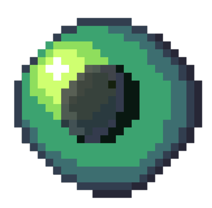 [A shaded green pixle-art sphere with a black translucent oval in the middle.t